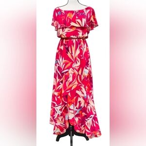 Express Floral Off Shoulder Maxi Dress Pink Tropical Ruffle